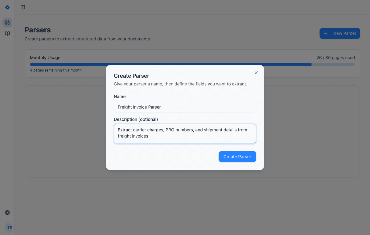 Create Parser dialog showing name and description fields