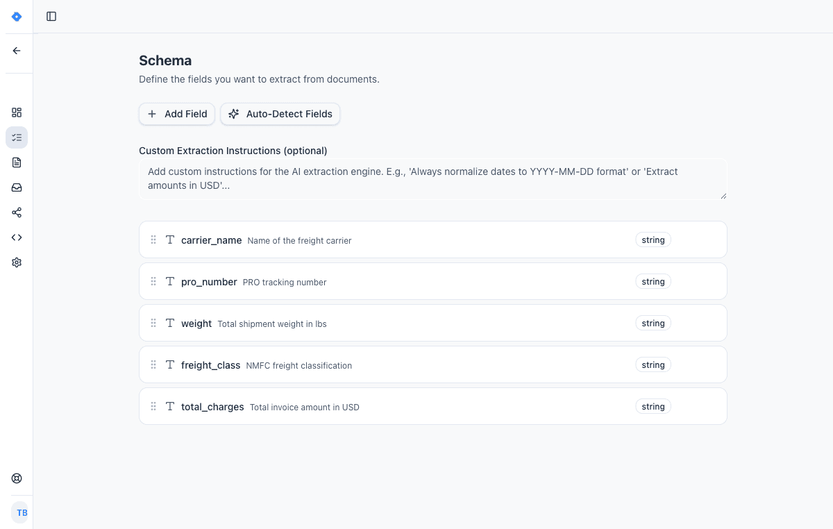 Schema builder showing defined extraction fields with type badges