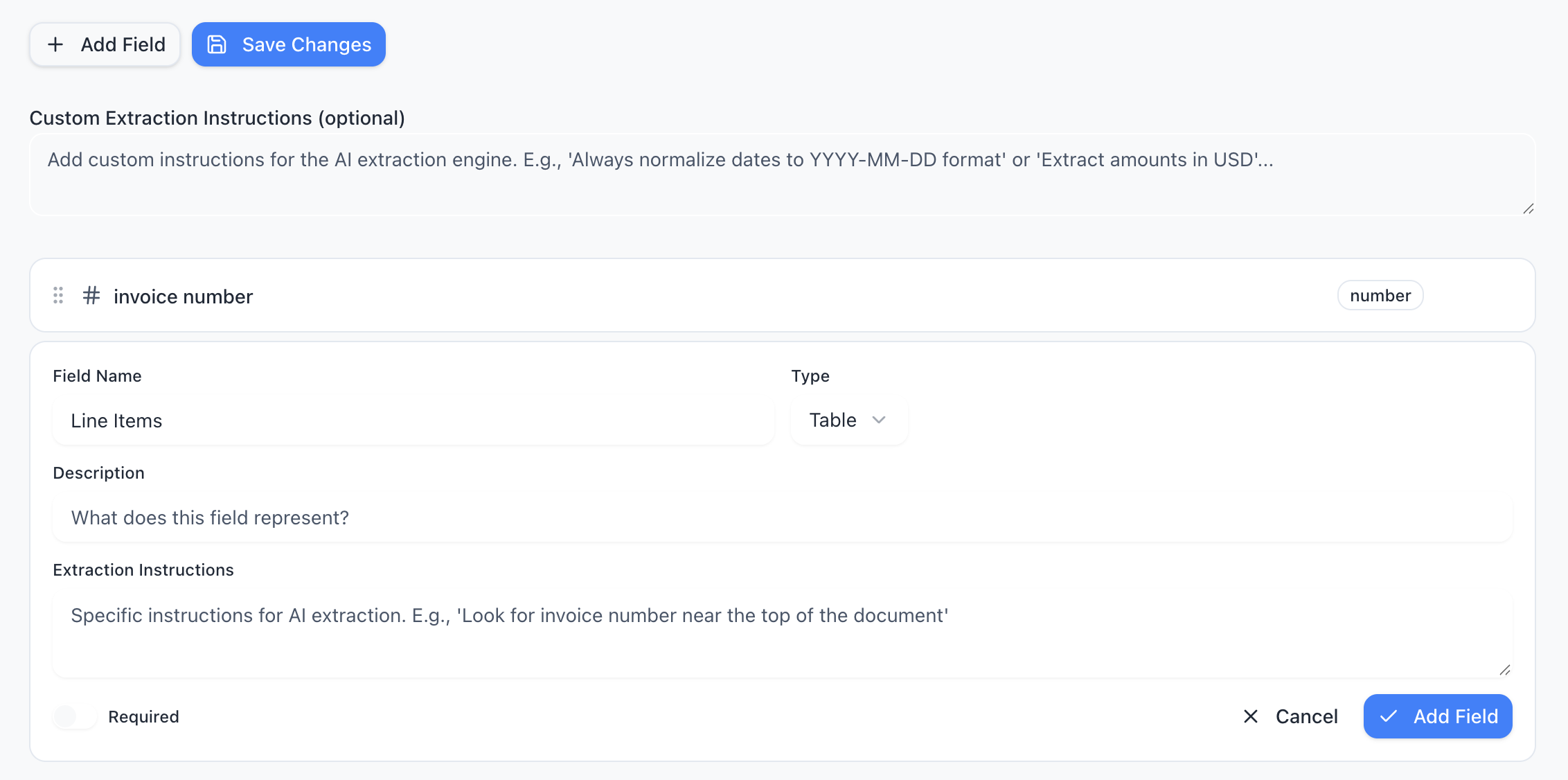 Schema builder showing defined extraction fields with type badges